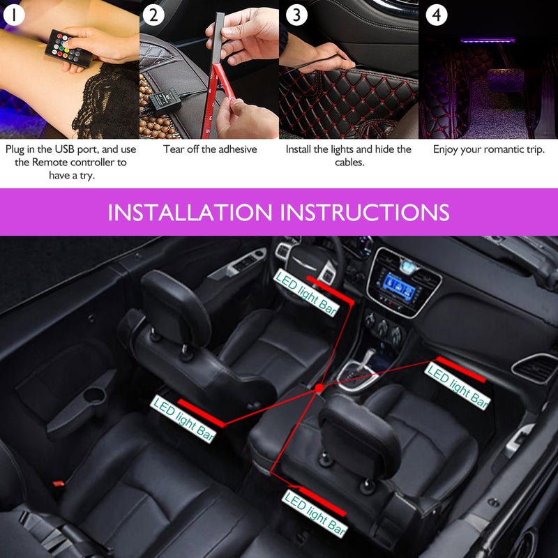 Sunnest Car LED Strip Lights Christmas, 4Pcs 48 LED Interior Lights, Multicolor Music Car Strip Light Under Dash Lighting Kit with Sound Active Function and Remote Controller, DC 5V - Image 5